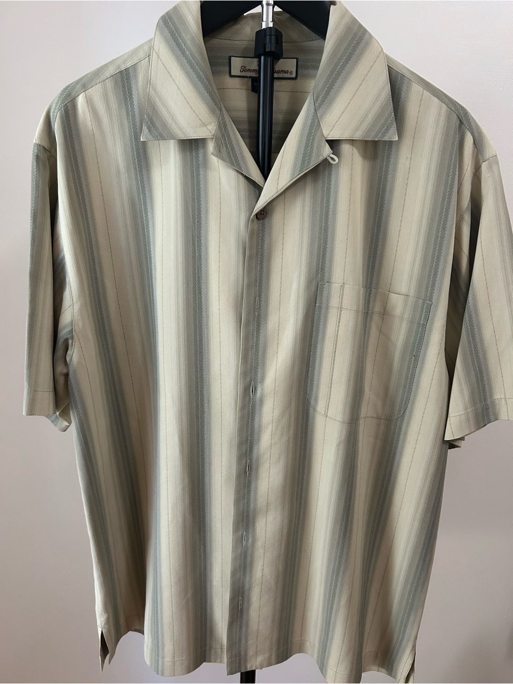 Tommy Bahama Cream & Sage Striped Camp Shirt